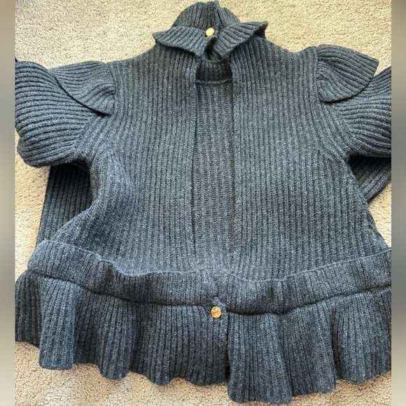 Ganni- Charcoal Grey Wool Longsleeve Cutout Ruffle Peplum Sweater - Picture 10 of 11